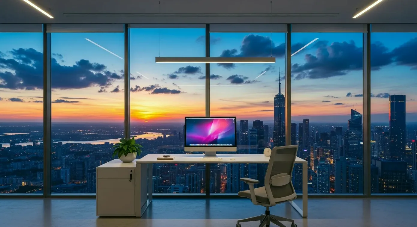 Büro mit Computer und Blick auf die Stadt bei Sonnenuntergang